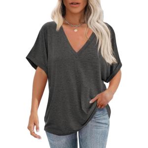 imageCicy Bell Womens Summer Oversized TShirts V Neck Rolled Short Sleeve Casual Tops Loose Fit Tunic TeesDark Grey