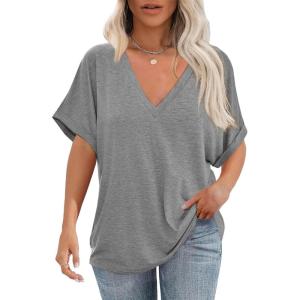 imageCicy Bell Womens Summer Oversized TShirts V Neck Rolled Short Sleeve Casual Tops Loose Fit Tunic TeesGrey