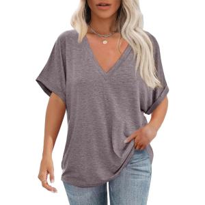imageCicy Bell Womens Summer Oversized TShirts V Neck Rolled Short Sleeve Casual Tops Loose Fit Tunic TeesLight Brown