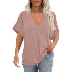 imageCicy Bell Womens Summer Oversized TShirts V Neck Rolled Short Sleeve Casual Tops Loose Fit Tunic TeesPink