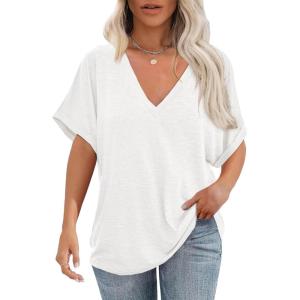 imageCicy Bell Womens Summer Oversized TShirts V Neck Rolled Short Sleeve Casual Tops Loose Fit Tunic TeesWhite