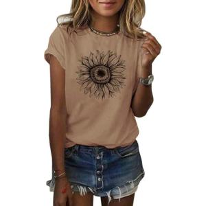 imageCicy Bell Womens T Shirts Short Sleeve Tees Sunflower Graphic Loose Summer TopsKhaki