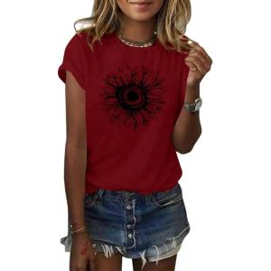 imageCicy Bell Womens T Shirts Short Sleeve Tees Sunflower Graphic Loose Summer TopsWine Red