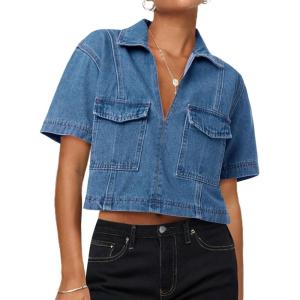 imageCicy Bell Womens V Neck Denim Crop Tops Summer Y2k Going Out Jean Shirts Loose Fit Short Sleeve Collared Polo TeeBlue