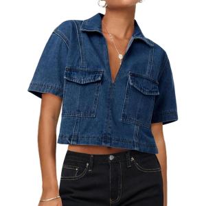 imageCicy Bell Womens V Neck Denim Crop Tops Summer Y2k Going Out Jean Shirts Loose Fit Short Sleeve Collared Polo TeeNavy