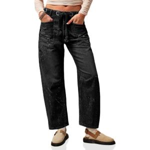 imageCicy Bell Womens Baggy Barrel Horseshoe Jeans Wide Leg Drawstring Vintage Denim Pants with Front PocketsBlack