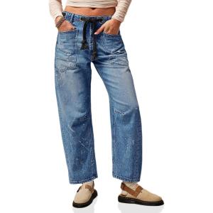 imageCicy Bell Womens Baggy Barrel Horseshoe Jeans Wide Leg Drawstring Vintage Denim Pants with Front PocketsBlue