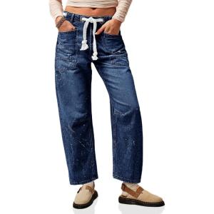 imageCicy Bell Womens Baggy Barrel Horseshoe Jeans Wide Leg Drawstring Vintage Denim Pants with Front PocketsNavy