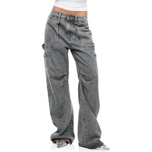 imageCicy Bell Womens Baggy Cargo Jeans Wide Leg Low Waisted Loose Denim Pants with Pockets Grey