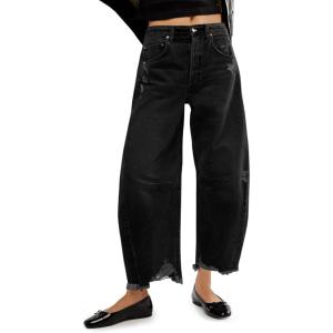 imageCicy Bell Womens Baggy Wide Leg Jeans Barrel Horseshoe Boyfriend Cropped Raw Hem Denim PantsBlack
