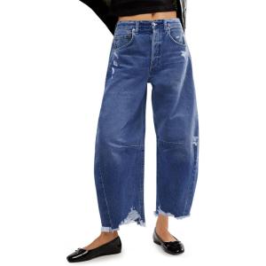 imageCicy Bell Womens Baggy Wide Leg Jeans Barrel Horseshoe Boyfriend Cropped Raw Hem Denim PantsBlue