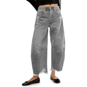 imageCicy Bell Womens Baggy Wide Leg Jeans Barrel Horseshoe Boyfriend Cropped Raw Hem Denim PantsGrey