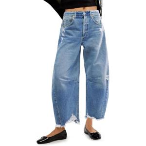 imageCicy Bell Womens Baggy Wide Leg Jeans Barrel Horseshoe Boyfriend Cropped Raw Hem Denim PantsLight Blue