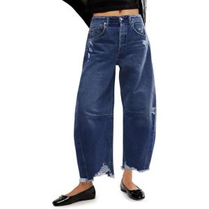 imageCicy Bell Womens Baggy Wide Leg Jeans Barrel Horseshoe Boyfriend Cropped Raw Hem Denim PantsNavy