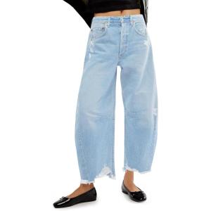 imageCicy Bell Womens Baggy Wide Leg Jeans Barrel Horseshoe Boyfriend Cropped Raw Hem Denim PantsWash Blue