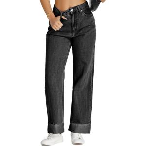 imageCicy Bell Womens High Waisted Boyfriend Jeans Cuffed Raw Straight Leg Baggy Denim Pants with PocketsBlack