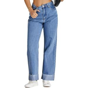 imageCicy Bell Womens High Waisted Boyfriend Jeans Cuffed Raw Straight Leg Baggy Denim Pants with PocketsBlue