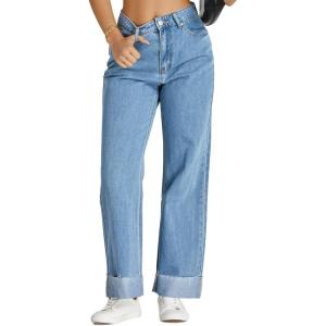 imageCicy Bell Womens High Waisted Boyfriend Jeans Cuffed Raw Straight Leg Baggy Denim Pants with PocketsJean Blue