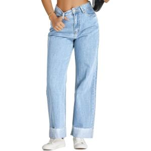 imageCicy Bell Womens High Waisted Boyfriend Jeans Cuffed Raw Straight Leg Baggy Denim Pants with PocketsLight Blue