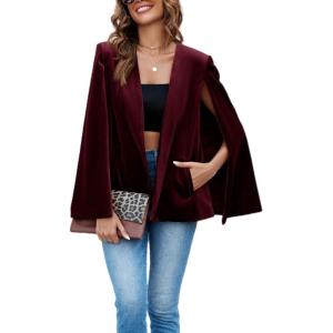 imageCicy Bell Womens Velvet Cape Blazer Jackets Casual Split Long Sleeve Open Front CoatBurgundy