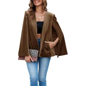imageCicy Bell Womens Velvet Cape Blazer Jackets Casual Split Long Sleeve Open Front CoatKhaki