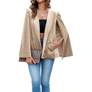 imageCicy Bell Womens Velvet Cape Blazer Jackets Casual Split Long Sleeve Open Front CoatLight Khaki