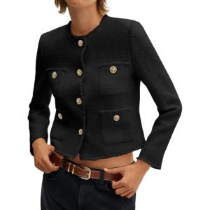 imageCicy Bell Womens Cropped Tweed Blazer Collarless Casual Business Suit Jacket Fall Elegant OuterwearBlack