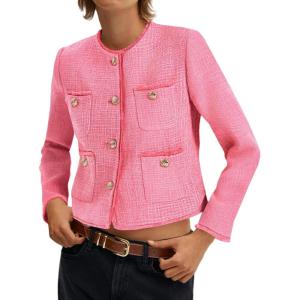 imageCicy Bell Womens Cropped Tweed Blazer Collarless Casual Business Suit Jacket Fall Elegant OuterwearPink