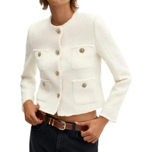 imageCicy Bell Womens Cropped Tweed Blazer Collarless Casual Business Suit Jacket Fall Elegant OuterwearWhite
