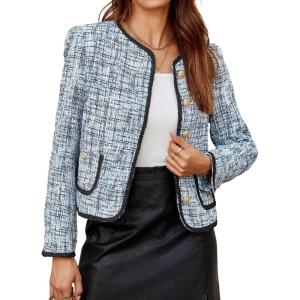 imageCicy Bell Womens Cropped Tweed Blazer Jackets Collarless Long Sleeve Work Business Casual OutfitsBlue