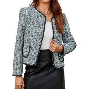 imageCicy Bell Womens Cropped Tweed Blazer Jackets Collarless Long Sleeve Work Business Casual OutfitsDark Green