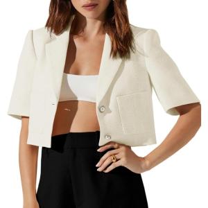 imageCicy Bell Womens Cropped Tweed Blazer Short Sleeve Casual Open Front Lapel Work Office Jacket CoatWhite