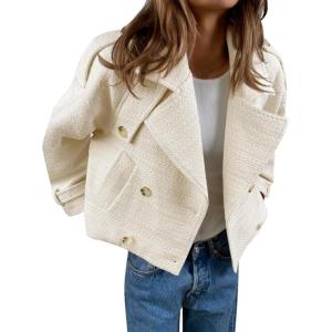 imageCicy Bell Womens Cropped Tweed Jackets Casual Double Breasted Long Sleeve Outerwear Open Front Loose Fit CoatsApricot