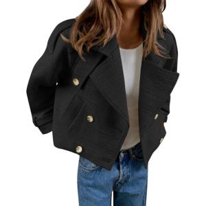 imageCicy Bell Womens Cropped Tweed Jackets Casual Double Breasted Long Sleeve Outerwear Open Front Loose Fit CoatsBlack
