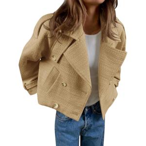 imageCicy Bell Womens Cropped Tweed Jackets Casual Double Breasted Long Sleeve Outerwear Open Front Loose Fit CoatsKhaki