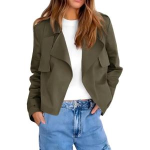imageCicy Bell Womens Cropped Trench Coat Casual Long Sleeve Notched Lapel Blazer JacketArmy Green