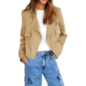 imageCicy Bell Womens Cropped Trench Coat Casual Long Sleeve Notched Lapel Blazer JacketCamel