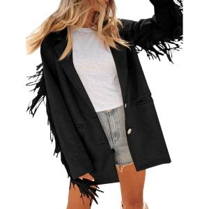 imageCicy Bell Womens Faux Suede Fringe Jacket Casual Blazer Long Sleeve Lapel Button Front Suit JacketsBlack