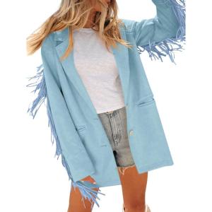 imageCicy Bell Womens Faux Suede Fringe Jacket Casual Blazer Long Sleeve Lapel Button Front Suit JacketsBlue