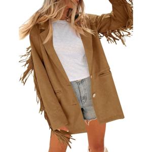 imageCicy Bell Womens Faux Suede Fringe Jacket Casual Blazer Long Sleeve Lapel Button Front Suit JacketsBrown
