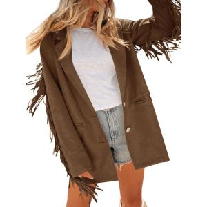 imageCicy Bell Womens Faux Suede Fringe Jacket Casual Blazer Long Sleeve Lapel Button Front Suit JacketsDark Brown