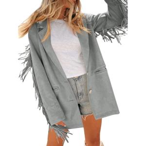 imageCicy Bell Womens Faux Suede Fringe Jacket Casual Blazer Long Sleeve Lapel Button Front Suit JacketsGrey