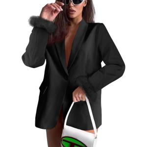 imageCicy Bell Womens Feather Cuff Oversized Blazer Jacket Dressy Open Front Elegant Long Sleeve Party OutfitsBlack