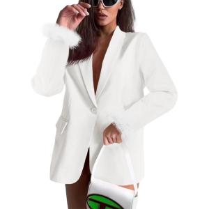 imageCicy Bell Womens Feather Cuff Oversized Blazer Jacket Dressy Open Front Elegant Long Sleeve Party OutfitsWhite
