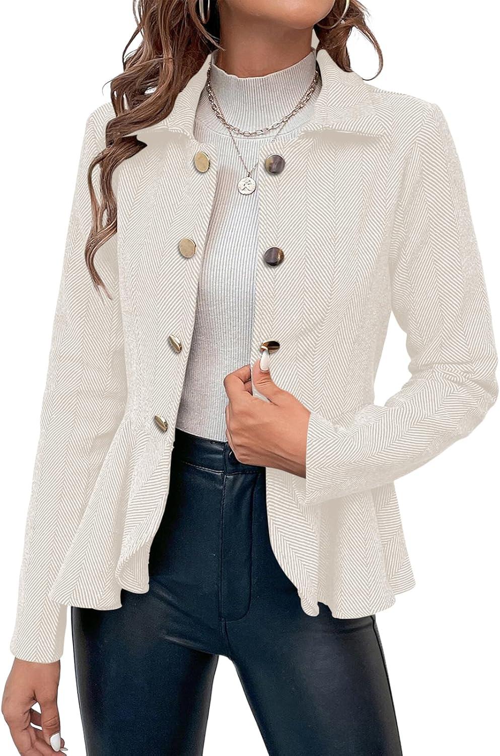 imageCicy Bell Elegant Women Blazer Business Work Office Peplum Hem Jacket Open Front Herringbone CoatsBeige