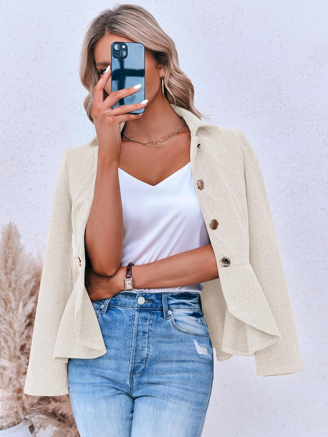 imageCicy Bell Elegant Women Blazer Business Work Office Peplum Hem Jacket Open Front Herringbone CoatsBeige