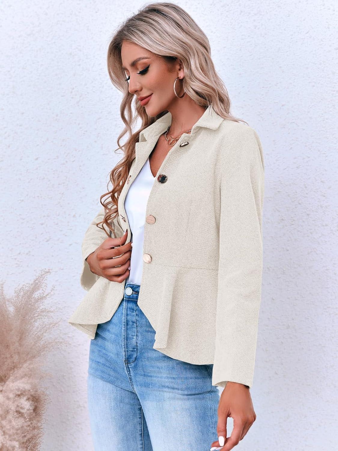 imageCicy Bell Elegant Women Blazer Business Work Office Peplum Hem Jacket Open Front Herringbone CoatsBeige