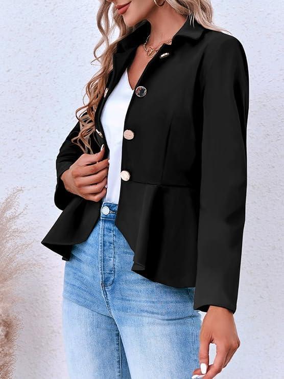 imageCicy Bell Elegant Women Blazer Business Work Office Peplum Hem Jacket Open Front Herringbone CoatsBlack
