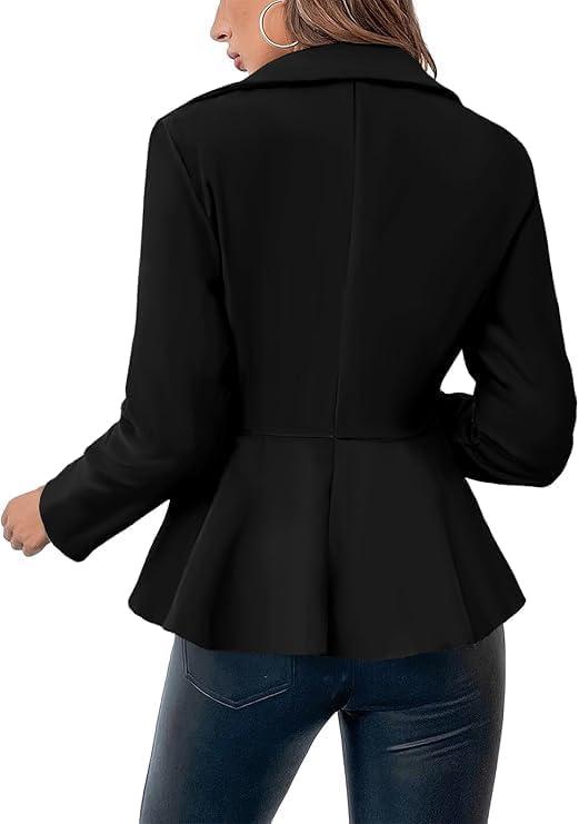 imageCicy Bell Elegant Women Blazer Business Work Office Peplum Hem Jacket Open Front Herringbone CoatsBlack