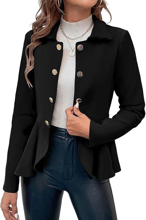 imageCicy Bell Elegant Women Blazer Business Work Office Peplum Hem Jacket Open Front Herringbone CoatsBlack